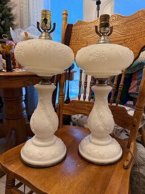 White Vintage- Victorian Style- Milk Glass Table Lamp Pair  MCM. Cottage core
